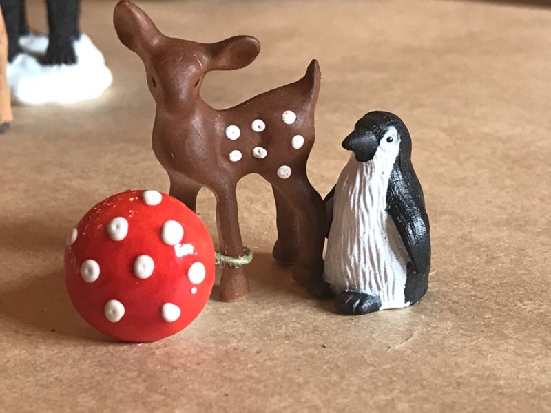 Tiny deer, mushroom and penguin used in crafting