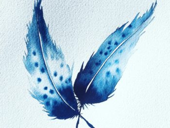 2 blue watercolor painted feathers