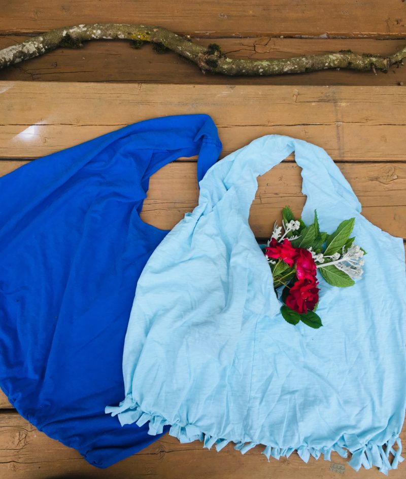 light and dark blue t-shirts upcycled tote bags with a rose