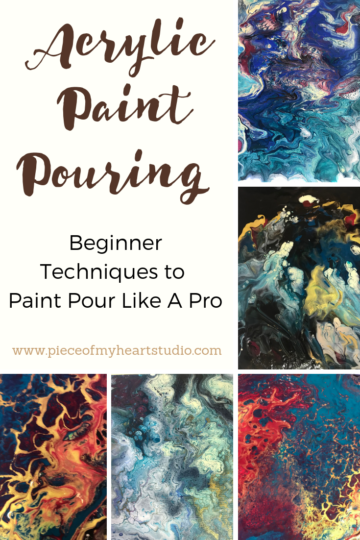 Acrylic Paint Pouring beginner techniques to paint pour like a pro - a graphic with 5 images of acrylic paint poured on canvas in blue gold copper white black