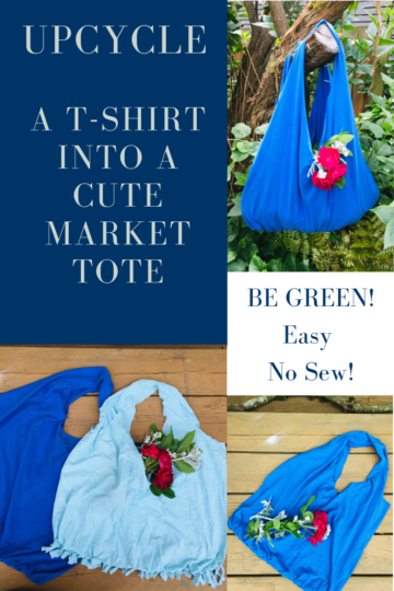 two blue t-shirts upcylced into market tote bags, styled with roses and hanging on a tree
