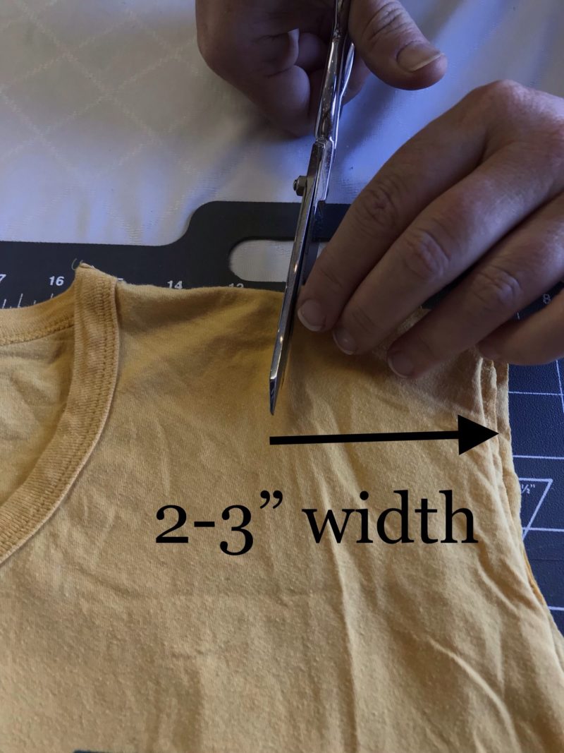 yellow t-shirt with instructions to cut width for tote bag strap