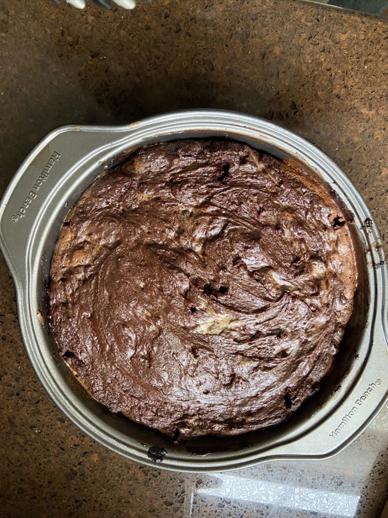 Baked GF and Keto Chocolate Cake in the pan
