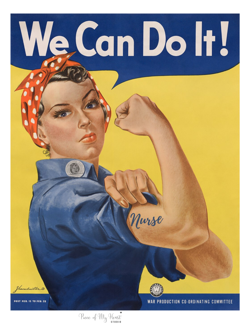 Rosie the Riveter with a tattoo that says nurse