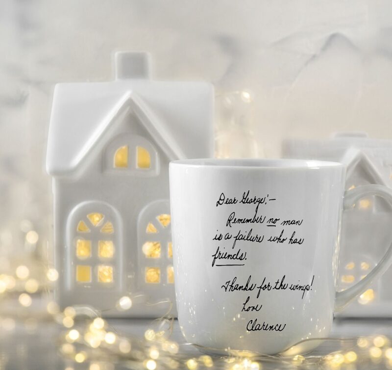 White mug with Christmas quote about friendship with white decorations and lights digital download printable