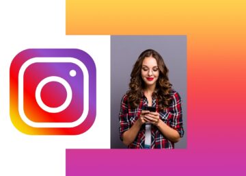 Instagram post icon  with woman smiling holding a phone 